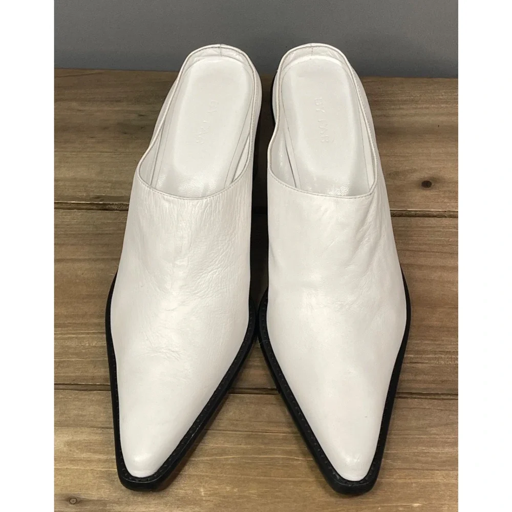 BY FAR Women's Block Heel Mule Clog Size 39 White Nappa Leather Pointed Toe - Picture 4 of 16
